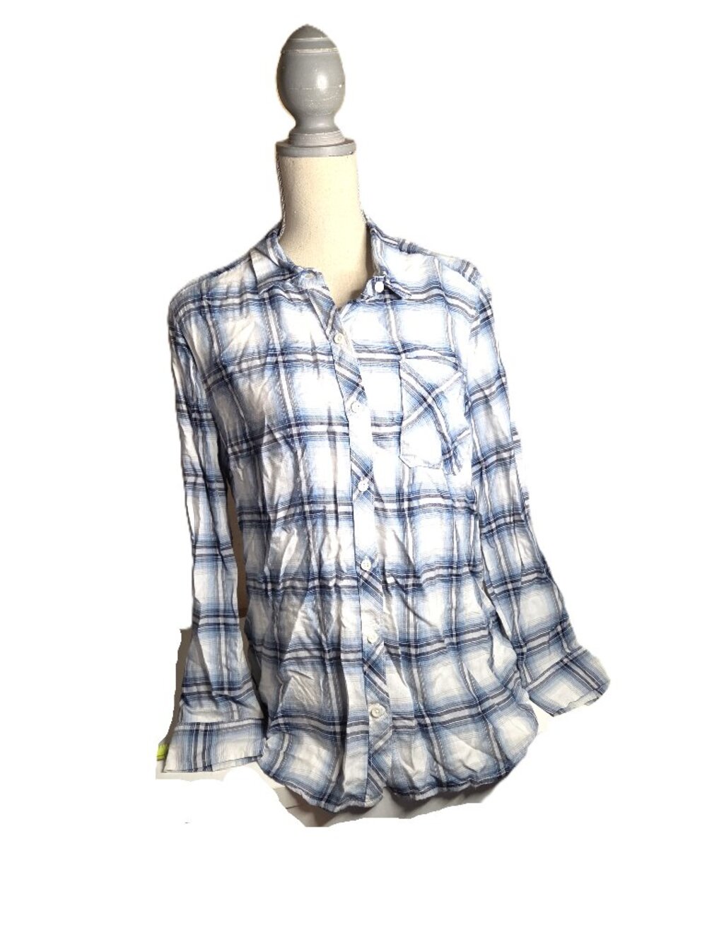 Women's Time & Tru Large Blue White Plaid Button Up Top Blouse Country